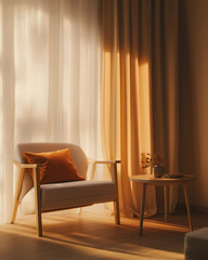 A chair is sitting in front of a window with a curtain drawn