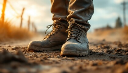 Dusty leather boots on gravel path during sunset