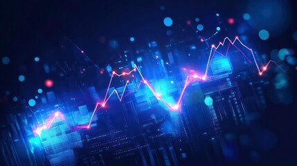 Abstract city skyline with glowing financial graph overlay, depicting growth and change.