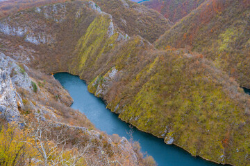 blue mountain river Uvac in autumn canyon, Serbia