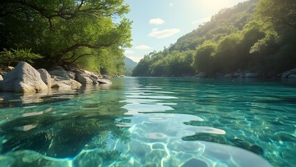 Crystal Clear Water and Lush Greenery, Serene Nature Preservation Scene in Coral Hues