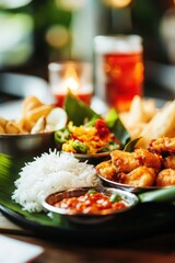 Delicious Rice Served on Fresh Banana Leaves with Accompanying Fried Snacks, Colorful Salad, and Spicy Sauce in a Beautiful Restaurant Setting