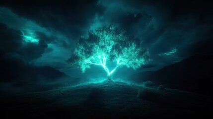 A glowing tree illuminates a dark landscape under a stormy sky.