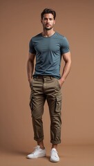 A man wearing rolledup cargo pants and a slimfit tshirt on a plain brown background