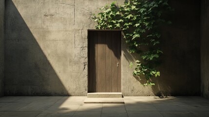 A brown wooden door set in a concrete wall, with ivy growing on one side, bathed in sunlight.