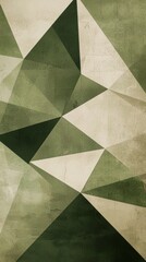 Overlapping triangles in vibrant olive form a striking composition that draws the eye. The interplay of shapes and colors offers a sense of depth and dynamic energy, inviting exploration