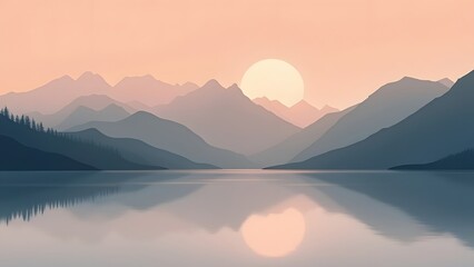 Fototapeta premium Serene Sunrise, Minimalist Peach-Colored Mountain Lake Reflection
