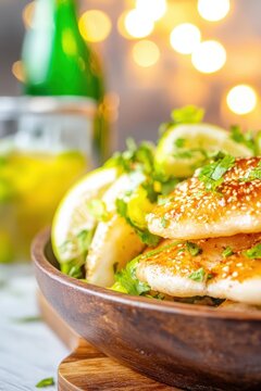 Traditional Moroccan Batbout Bread Served with Fresh Herbs, Lemon Slices, and Refreshing Drink in a Cozy Setting