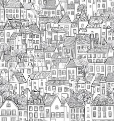 A seamless pattern of vintage buildings, with each building detailed in a line art style. The color palette is monochromatic, featuring shades of brown on a white background,