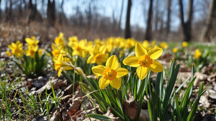 Yellow Daffodils Blooming in a Forest Meadow