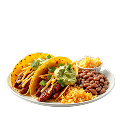 A plate of tacos with beans and rice