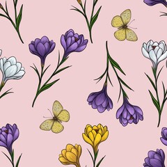 Spring Crocuses in Purple, White, and Yellow with Soft Yellow Butterflies in Big Design on Soft Pink Background