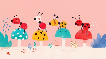 Naklejka premium Ants watercolor concept. Playful Doodle of Ants Balancing on Tiny Mushrooms