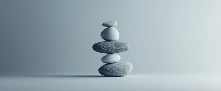 A minimalist arrangement of balanced stones, symbolizing harmony and tranquility.