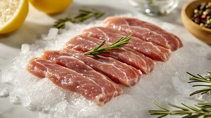 Fresh pork tenderloin slices on ice, kitchen setting