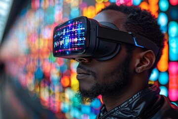 Engaging in virtual reality exploration at a vibrant light installation