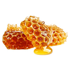 Natural honeycomb segments dripping with golden honey, showcasing intricate hexagonal patterns and a rich amber color.