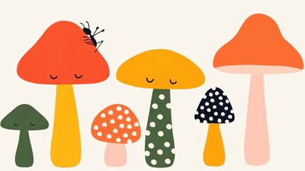 Ants watercolor concept. Whimsical of Mushrooms with Playful Doodle Design