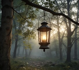 Lantern hanging from a tree branch in an old Warsaw forest, branch, tree, historic