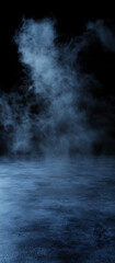 A dark background sets the stage for an atmospheric stock photo, featuring an empty floor cloaked in smoky slate gray and cool blue fog, creating a sleek and modern ambiance.
