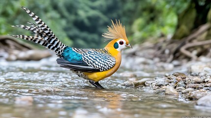 Golden Pheasant Bird in Stream  Vibrant Feathers  Wildlife Photography