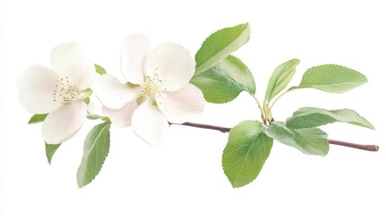 Obraz premium A quince flower sprig in a minimalist watercolor style, with soft pink and white hues accented by green leaves, presented on a plain white background in sharp 4K.