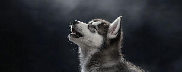 Obraz premium Howling husky malamute puppy in side view, expressing emotion against dark background. puppy fur is fluffy and its eyes are closed, creating serene atmosphere
