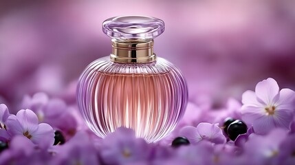 Elegant Perfume Bottle Amidst Purple Flowers