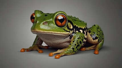 Obraz premium Close-up of a vibrant green frog with large orange eyes, sitting against a neutral grey background.