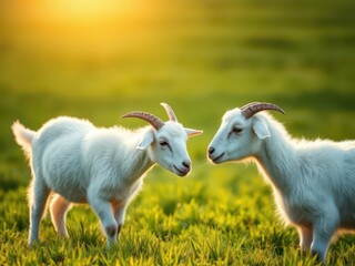 Obraz premium White goats exploring vibrant green meadow at sunrise