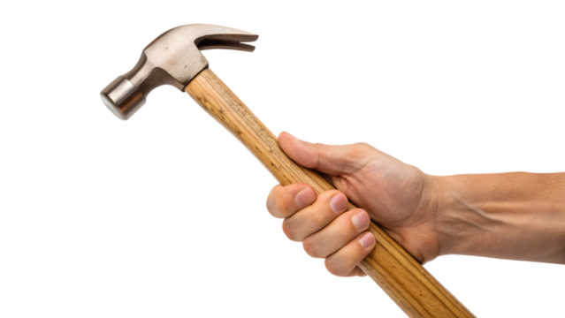 a hand holding a hammer isolated on white