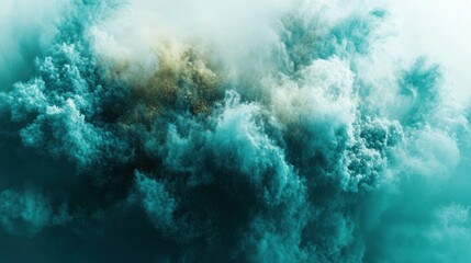 Obraz premium A spectacular burst of powder in rich shades of turquoise, magenta, and gold, forming a dynamic, radiant cloud that fills a white background with vibrant motion in 4K.