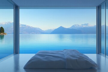 Fototapeta premium A serene bedroom with a view of tranquil water and mountains through large glass windows.