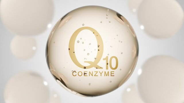 Coenzyme q10. Enzyme drop pill capsule. Natural skin care cosmetic stimulate collagen. Essential oils bubbles of q10 for skin care cosmetics products
