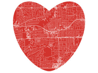 Heart-Shaped Map of Wheaton  Illinois, USA in Bold Red and White Design.