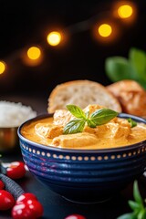 Delicious Vietnamese Style Chicken Curry Served with Fresh Baguette and Jasmine Rice, Showcasing a Flavorful Culinary Tradition in a Cozy Setting