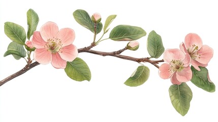 Naklejka premium A watercolor quince flower branch with gentle pink petals and vibrant green leaves, isolated on a clean white background for a photorealistic look in 4K