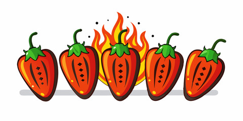 A set of peppers with grilling strips on a white background. The concept of tasty and healthy food. Grilled Pepper Illustration - Spicy Vegetable with Flame Design.