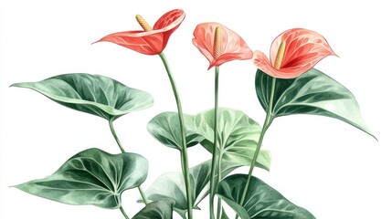 A watercolor-style illustration of a vibrant Anthurium plant with lush green leaves and striking red blooms, captured in lifelike 4K detail on a clean white background.