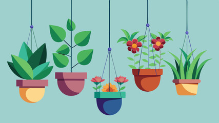 Obraz premium Set of potted indoor flowers suspended on ropes on a white background. Concept of decoration, design and plants. Hanging Indoor Plants Illustration - Decorative Potted Greenery Design.