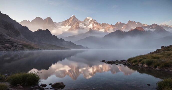 Early morning mist enveloping the Aconcagua Laguna de Horcones, lake, misty morning, Andes mountain range