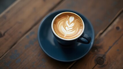 Artisan Coffee Latte, Freshly Brewed in Minimalist Rustic Setting on Navy Wooden Table