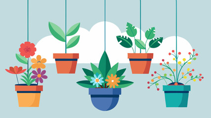 Set of potted indoor flowers suspended on ropes on a white background. Concept of decoration, design and plants. Hanging Indoor Plants Illustration - Decorative Potted Greenery Design.