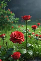 Fototapeta premium lush green grass and vibrant red rose flowers under a gentle spring shower, rainy day flowers, springtime garden scene, blooming flowers in water