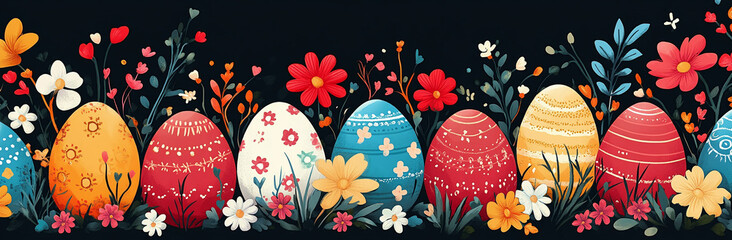 Easter eggs and flowers on a black background. 