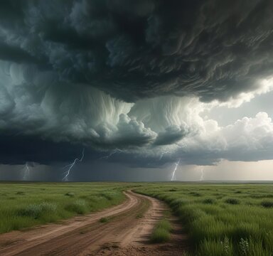 Severe thunderstorms approaching over green plains near Pierre, vast, endless