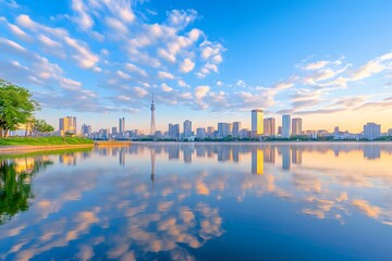 Naklejka premium A radiant sunrise over a tranquil cityscape, buildings mirrored in calm water, under a vivid blue sky with white clouds