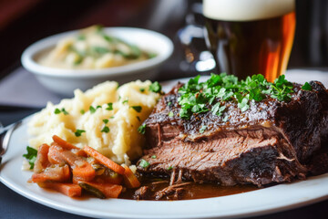 Beef braised in beer served with mashed potatoes and stewed carrots. Traditional food for St. Patrick's Day