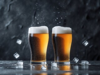 Two glasses of cold beer with ice cubes falling on dark background.
