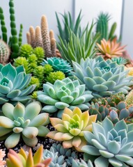 Obraz premium Diverse collection of colorful succulent plants arranged beautifully in a botanical exhibit highlighting nature's vibrant textures and shapes.